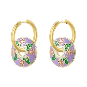 Vintage gold hoop earrings with light purple enamel floral pendants and green leaves