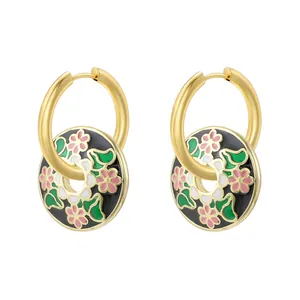 Vintage floral enamel earrings with pink flowers and green leaves on gold hoops