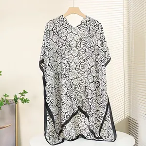 Women's sun protection satin shawl with black and white rose floral print and piping