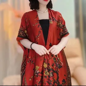 Elegant deep red satin sun protection shawl with vintage floral print for women