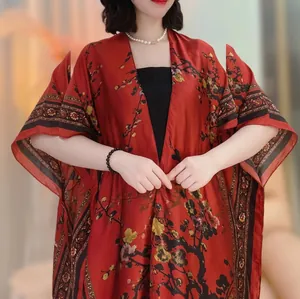 Elegant deep red satin sun protection shawl with vintage floral print for women