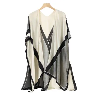 Elegant satin sunscreen shawl with black and white geometric pattern for women summer