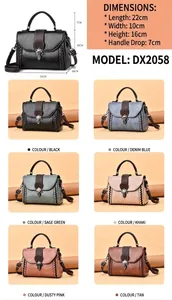 Detailed size guide of the vintage crossbody bag showing dimensions and six color options