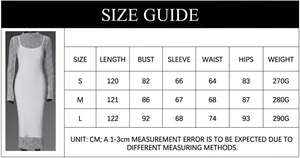 Detailed size chart for white lace long sleeve dress showing measurements in CM