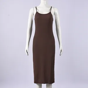 Detailed front view of a dark brown slim-fit midi slip dress on a mannequin