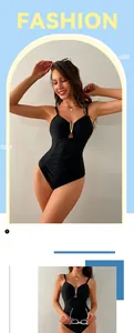 Detail of black one-piece swimsuit featuring V-neck gold buckle and waist shirring