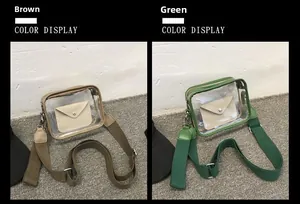 Detail view of transparent PVC crossbody bags with leather inner pouches and wide straps