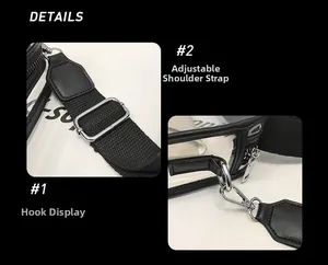 Detail of adjustable black nylon strap with silver metal buckles on a clear jelly bag