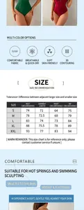 Size chart for women's V-neck one-piece swimsuit with measurements for S to XXL sizes