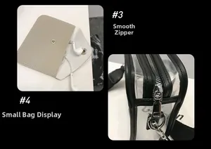 Detail view of transparent PVC bag with smooth metal zipper and small pouch insert
