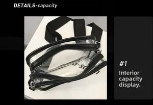 Detail of empty internal capacity with dual zippers on transparent PVC crossbody bag