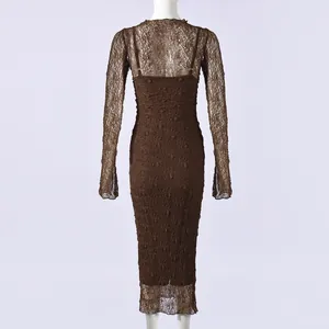 Detailed back view of dark brown lace long sleeve dress featuring sheer floral patterns