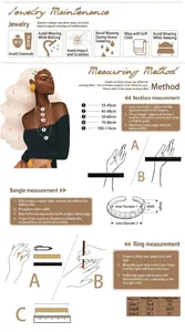 Detailed size guide for necklace lengths, ring measurements and jewelry care tips