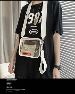 Detail of transparent PVC crossbody bag with white wide canvas strap and marble inner pouch