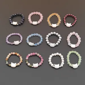 Handmade beaded cat head rings with various colorful natural semi-precious stones
