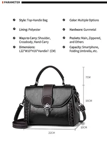 Detailed size specifications for women's leather handbag with 22x10x16cm dimensions