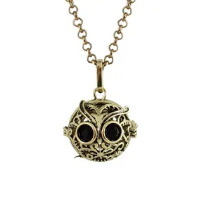 Antique gold owl hollow locket pendant necklace with black gemstone eyes and round link chain
