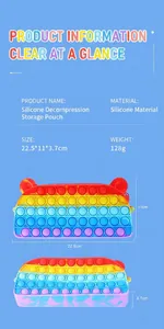 Vista dettagliata della borsa pop it arcobaleno con dimensioni 22,5x11x3,7cm e 128g
