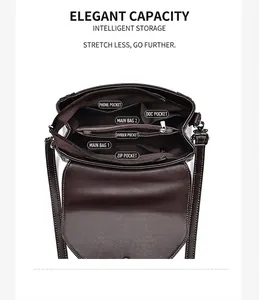 Internal compartments of the brown leather handbag showing mobile and zipper pockets