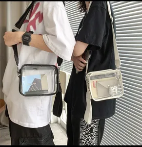 Detail of transparent PVC crossbody bag with wide adjustable strap and sleek contrast trim