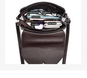 Top-down view of dark brown retro crossbody bag showing organized inner compartments