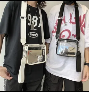 Close-up of transparent PVC jelly cross-body bag with adjustable wide strap and piping
