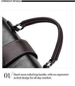 Close-up of the arched handle with white stitching and gunmetal rings on black leather bag