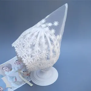 Close-up of white lace baby bonnet with 3D floral embroidery and mesh texture