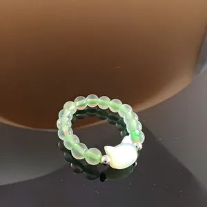Cute prehnite beaded ring with a white shell cat head charm for women