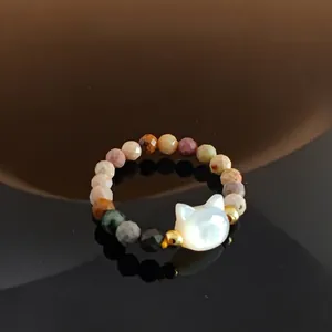 Handcrafted beaded cat ring with Alashan agate and white shell cat focal piece