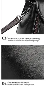 Detail of black PU leather texture with brown woven trim and silver metal hardware