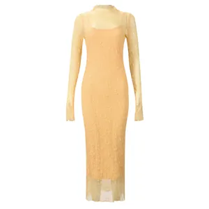 Detail of floral lace texture on long sleeve dress with semi-high collar and lining