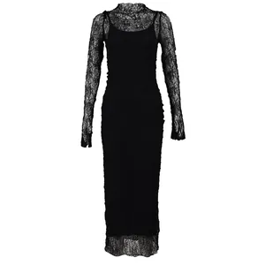 Close-up of black lace dress featuring intricate floral mesh patterns and long sleeves