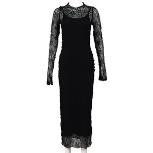 Close-up of elegant black floral lace texture and semi-transparent long sleeves