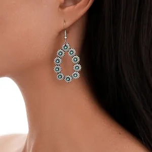Bohemian Vintage Zinc Alloy Teardrop Earrings For Women Antique Silver Flower Inlaid Artificial Turquoise Dangle Earrings