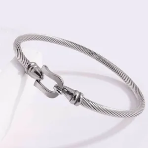 Macro shot of twisted silver steel cable bracelet featuring a signature U-shaped horse hoof clasp