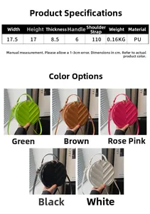 Detailed size specification and color options for the round quilted PU leather crossbody bag