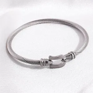 Detailed view of silver braided stainless steel cable bracelet with horseshoe buckle