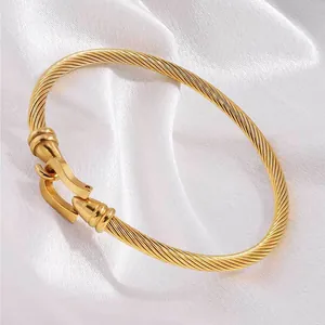 Macro shot of gold twisted cable titanium steel bracelet with horseshoe buckle