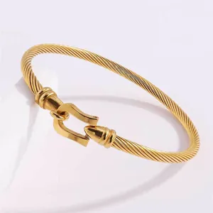 Macro shot of gold stainless steel cable bracelet with u-shape horseshoe buckle