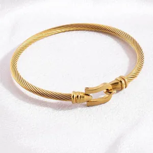 Macro detail of gold-tone titanium horseshoe buckle bangle with twisted rope texture