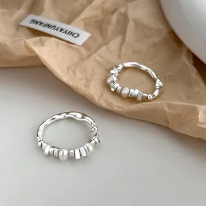 Anello Aperto in Argento Sterling 925 Perla d'Acqua Dolce Donna Onda Perline Blocchi Irregolari Regolabile Gioielli Moda
