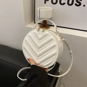 Fashion Quilted Round PU Leather Crossbody Bag For Women Chic Chevron Pattern Small Circle Shoulder Bag Stylish Handbag