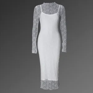 Close-up of white lace pattern and sheer sleeve detail on a slim fit long sleeve dress