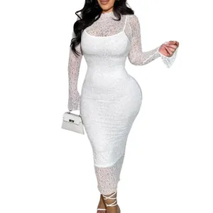 Elegant white lace long sleeve bodycon dress with mock neck and matching slip lining