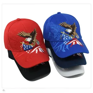 Dettaglio del ricamo con aquila e bandiera USA su cappellini da baseball in vari colori