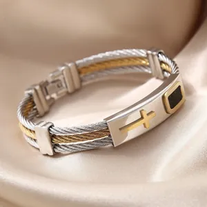 Men's stainless steel cable bracelet with gold cross and geometric plate on silk