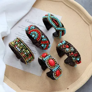 Bohemian Handmade Woven Bangle Vintage Ethnic Wax Rope Open Cuff Bracelet Natural Stone Synthetic Turquoise Copper Beads Jewelry For Women