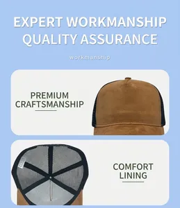Detail of suede patchwork trucker hat showing interior stitching and breathable mesh