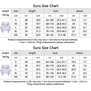 European size chart for off-shoulder ruffled top showing length, bust and sleeve details